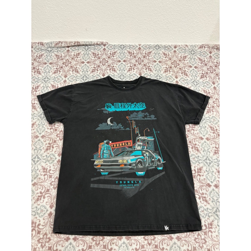 YoungLA Mens Graphic T-Shirt Black Synthwave Astronaut Car Streetwear Medium